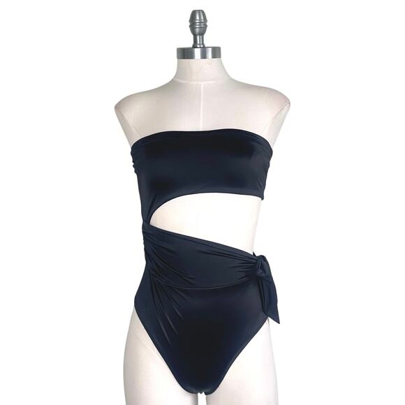 Good American Side Tie Cut Out One Piece Strapless Swimsuit Silky Black - Picture 4 of 9